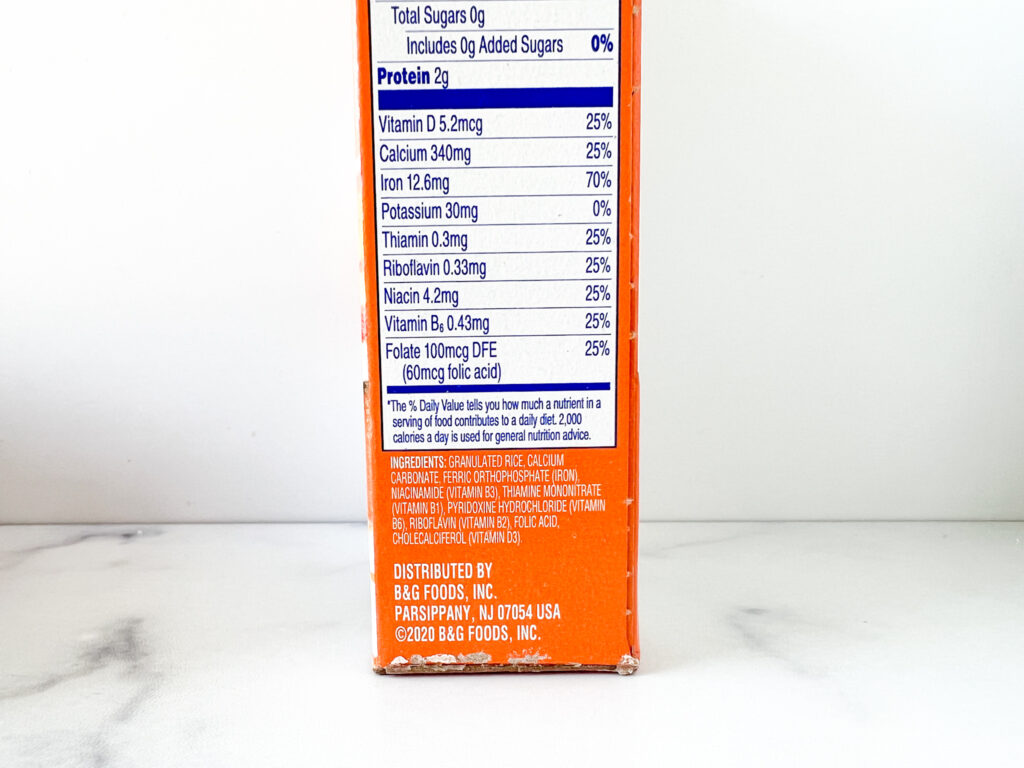 Up close on ingredient label for cream of rice cereal