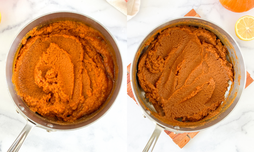 a before and after image of the pumpkin butter cooking in a pot