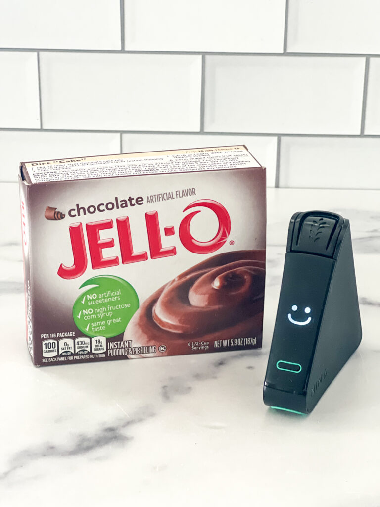 Nima sensor displays smiley face with jell-o instant pudding box in background