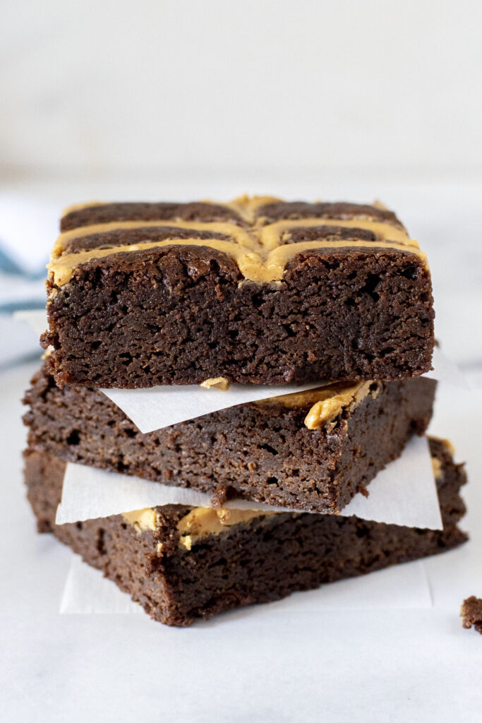 stack of peanut butter brownies to show moist center