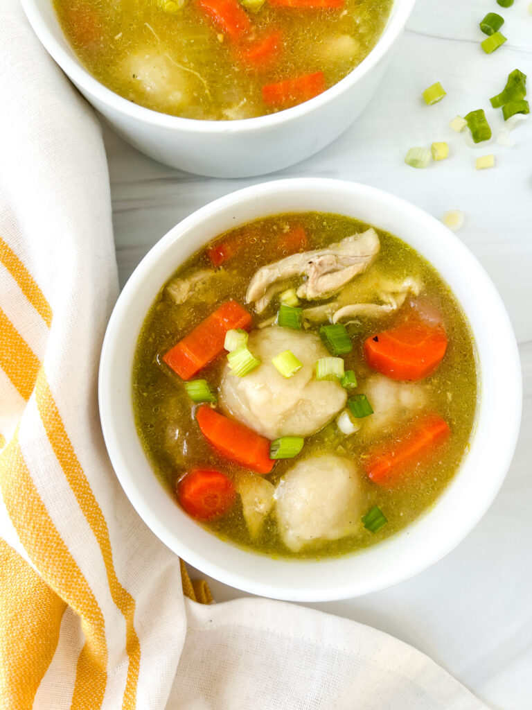 chicken and dumpling soup in a bowl;