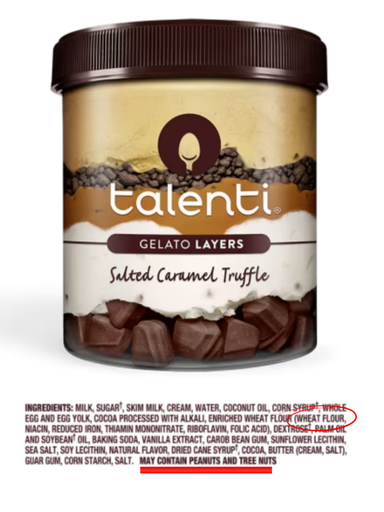 Talenti contains wheat flour, but does not disclose wheat in may contains statement