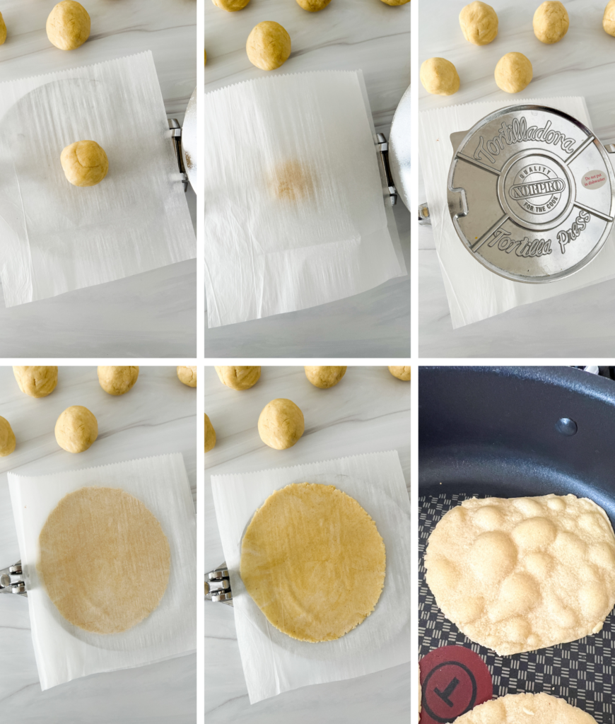 6 images demonstrating how to use the tortilla press
