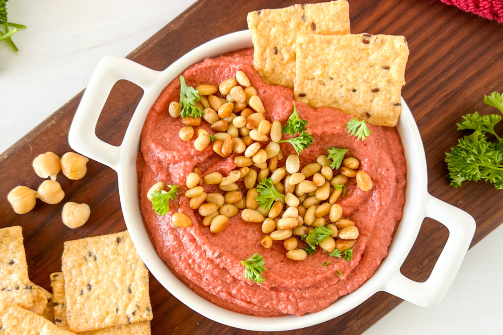 5-Minute Beet Hummus with Toasted Pine Nut Topping