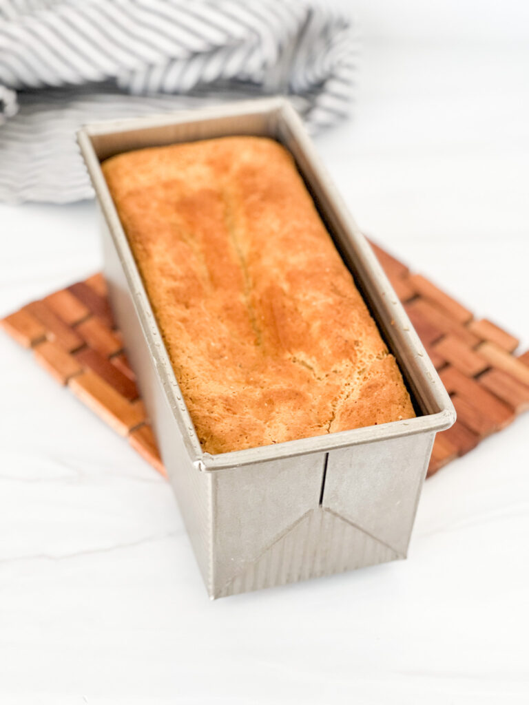 cooked sandwich bread in loaf pan