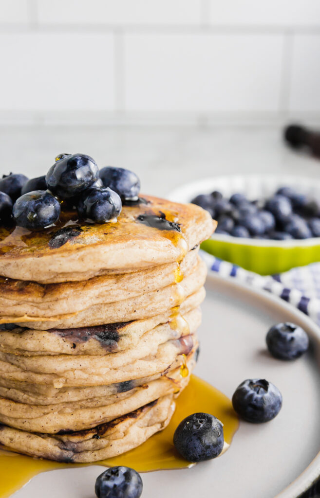 stack of gluten-free blueberry pancakes made with yogurt