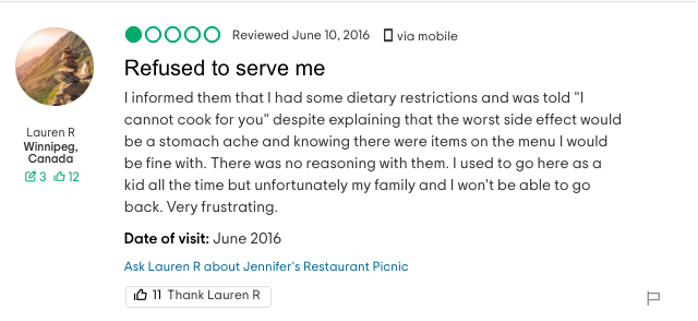 trip advisor review of jennifer's picnic that refused to serve gluten-free and allergy diners