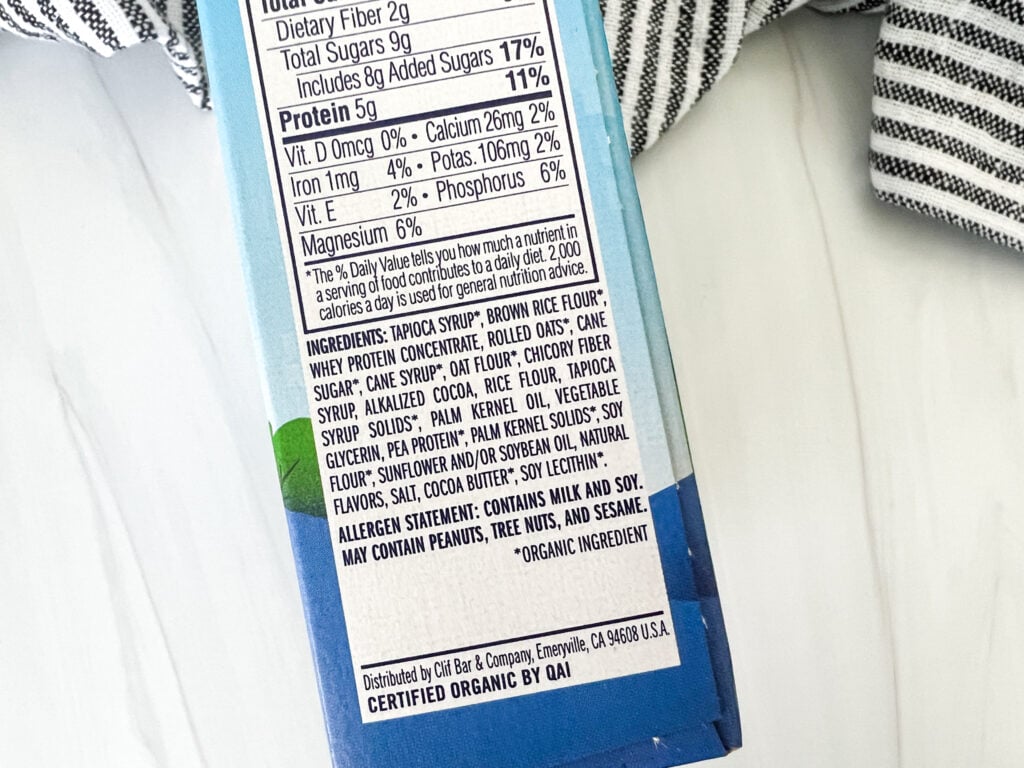 CLIF Kids Zbar with Protein ingredient label