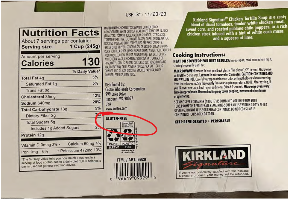 kirkland tortilla soup labeled gluten-free on packaging