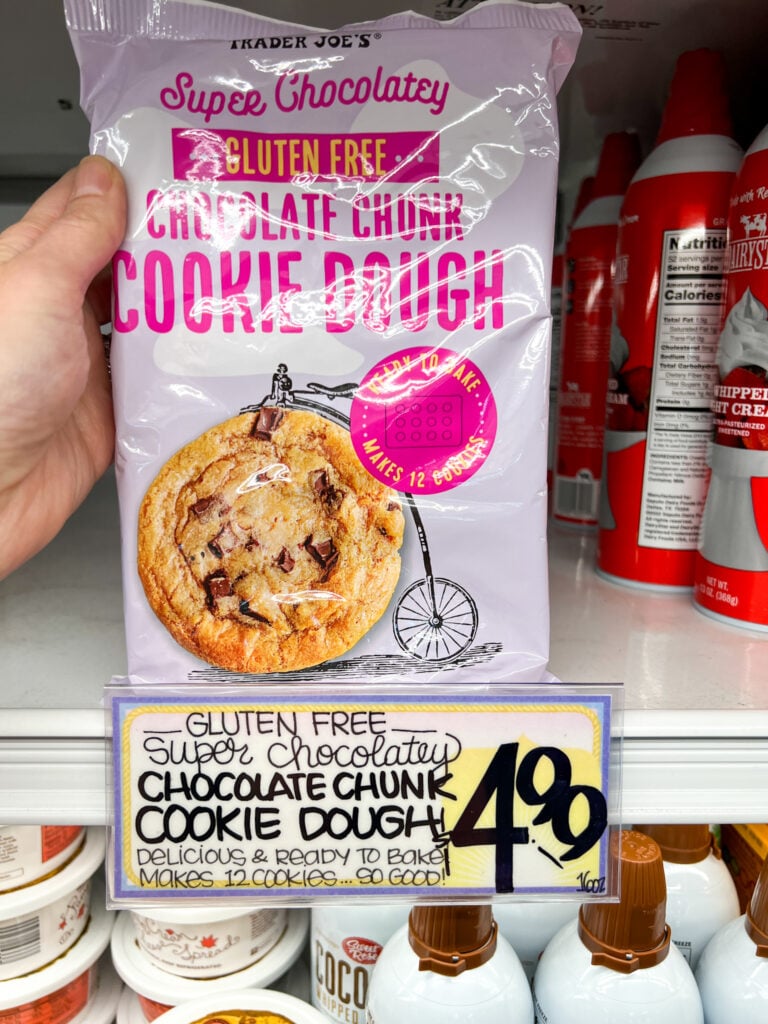 trader joes gluten-free chocolate chunk cookie dough on the shelf