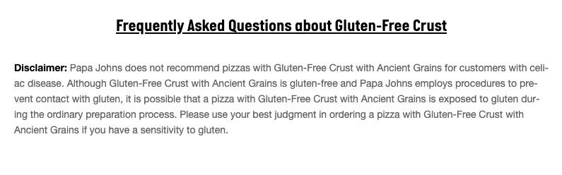 papa johns does not recommend its pizza for people with celiac