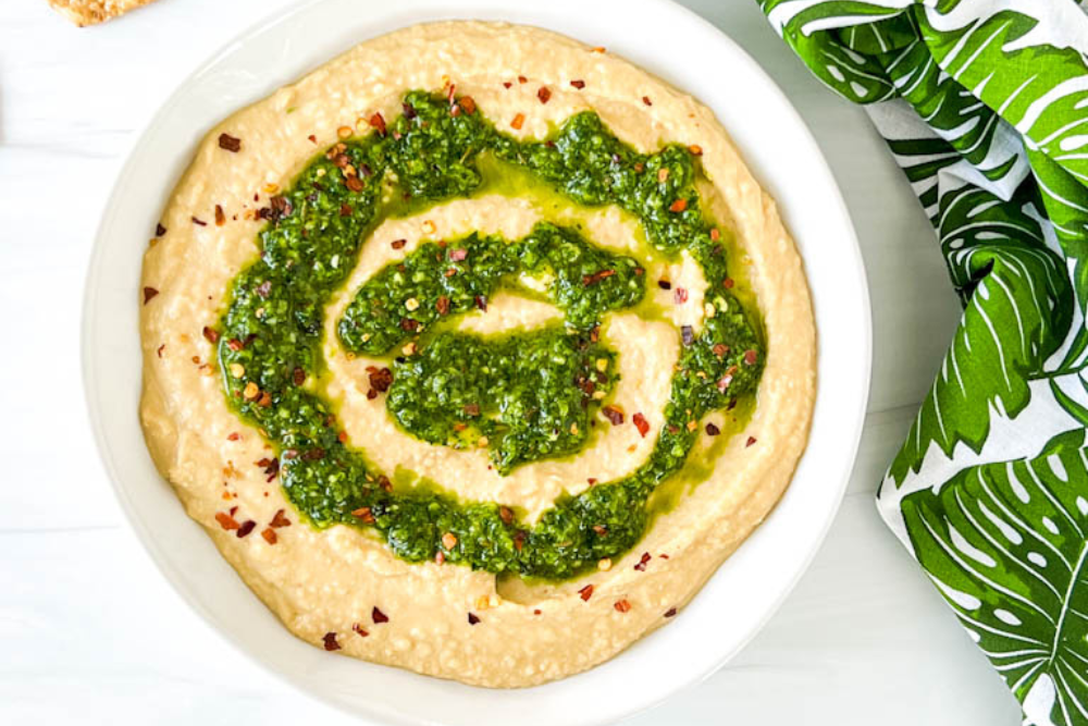 Homemade Spicy Cilantro Sauce (Zhoug) with Hummus