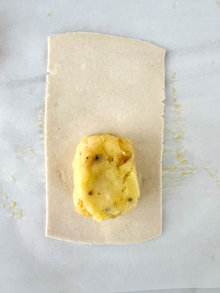 potato filling on top of puff pastry