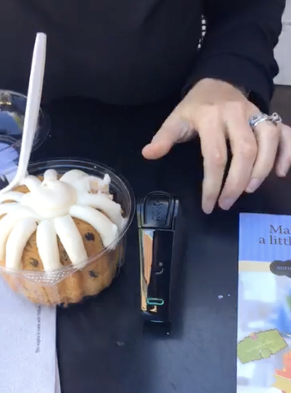 Nima testing chocolate chip gluten-free bundt cake; Nima smile