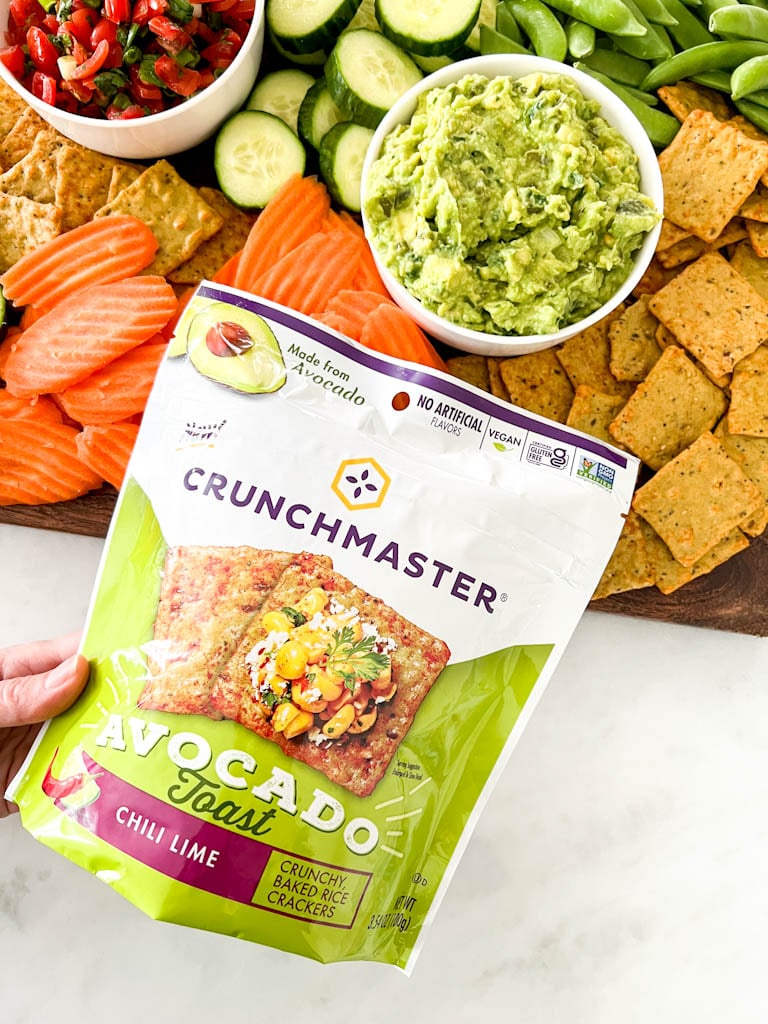 Crunchmaster Avocado Toast crackers with Chili Lime and guacamole dip